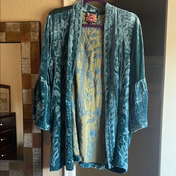 Teal Velvet Floral Kimono - Picture 1 of 6